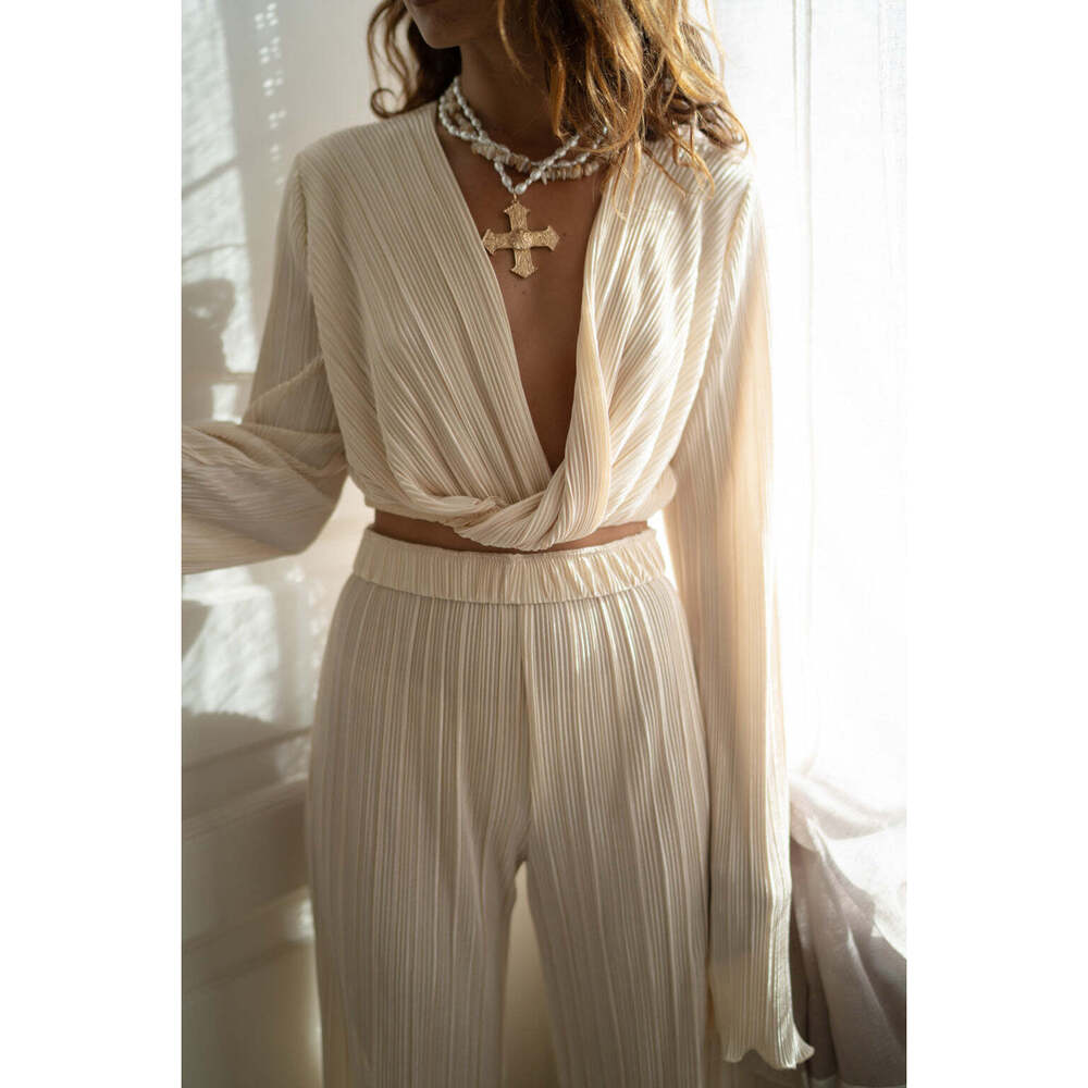 12th Tribe Marcella Champagne Surplice Plisse Top Size S